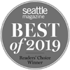 This is a circular badge from Seattle Magazine, reading "Best of 2019 Readers' Choice Winner."
