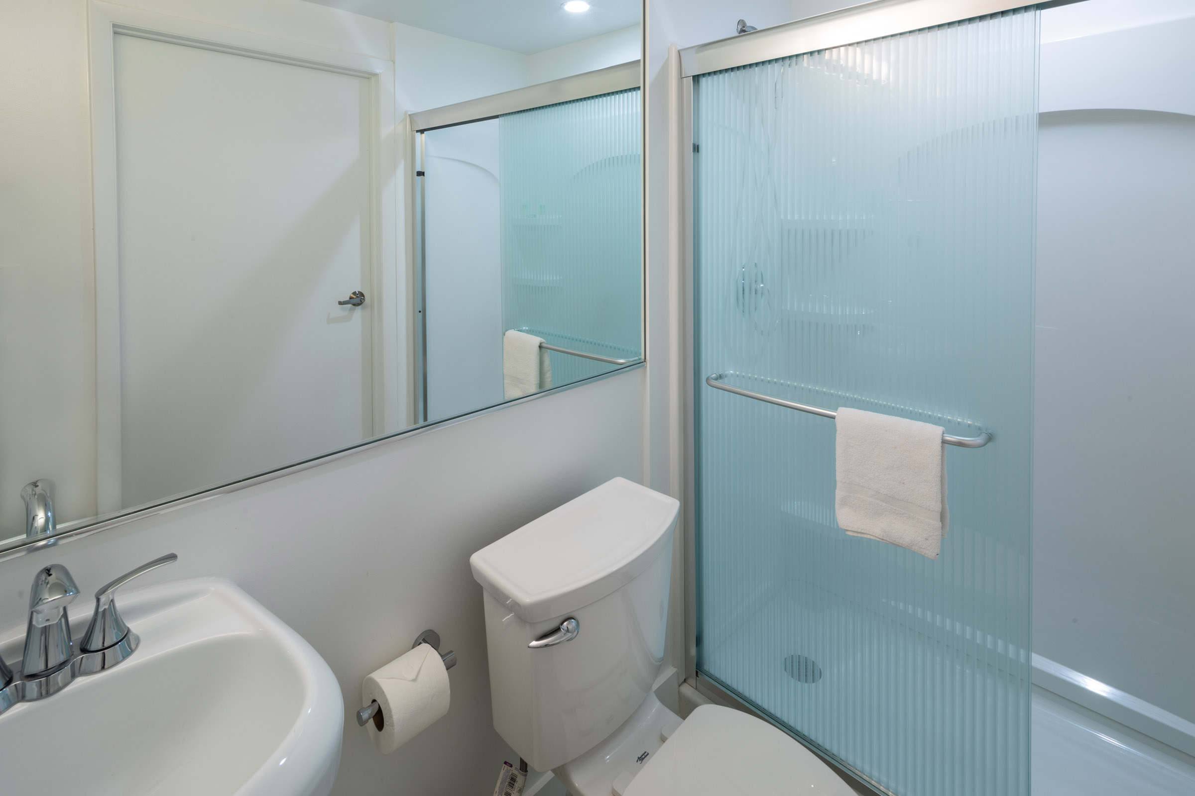 A bathroom with a toilet, shower, sink, and mirror