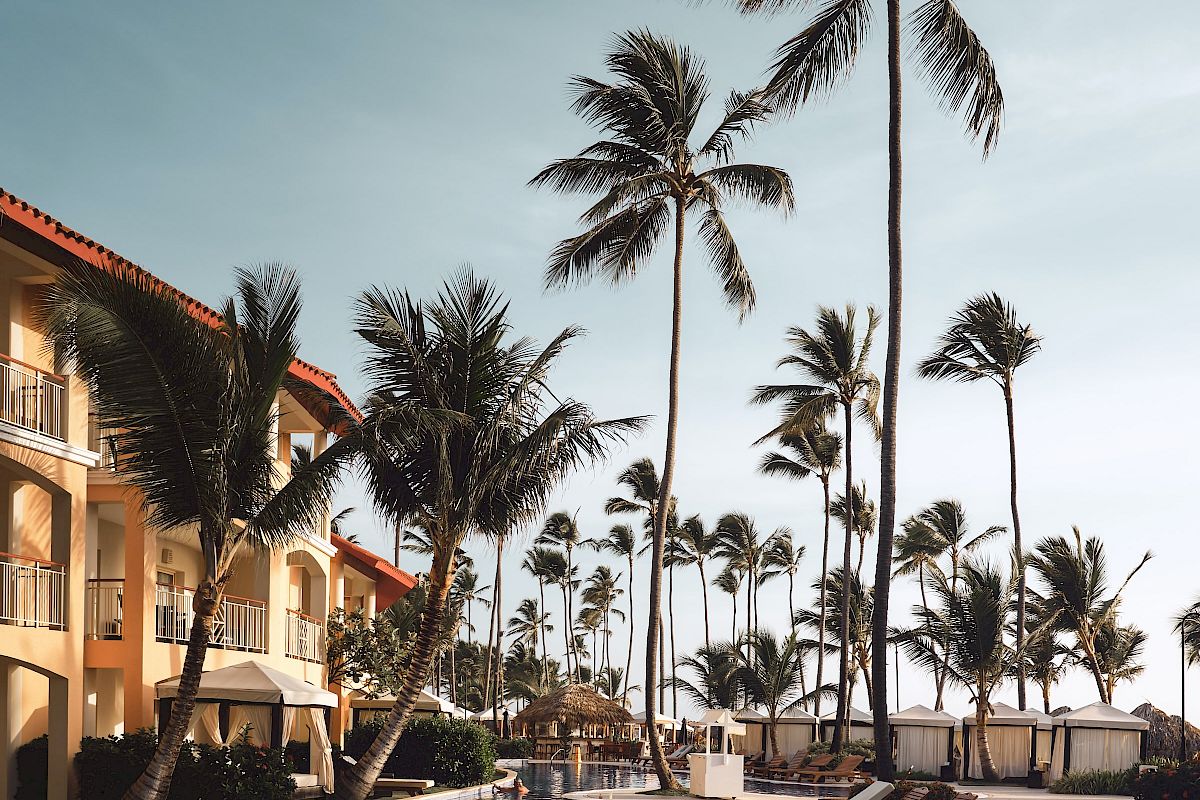A tropical resort scene with palm trees, a pool, lounge chairs, and a building in the background under a clear blue sky.